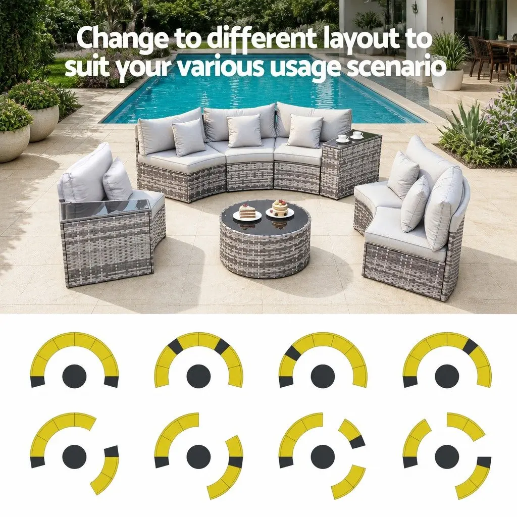 Outdoor Sofa Set PE Rattan 9 Piece Grey Cushion 6 Seater Garden Patio Furniture