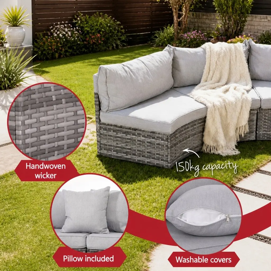 Outdoor Sofa Set PE Rattan 9 Piece Grey Cushion 6 Seater Garden Patio Furniture