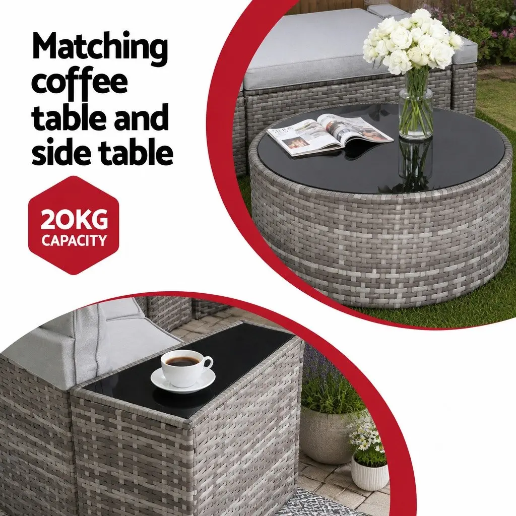 Outdoor Sofa Set PE Rattan 9 Piece Grey Cushion 6 Seater Garden Patio Furniture