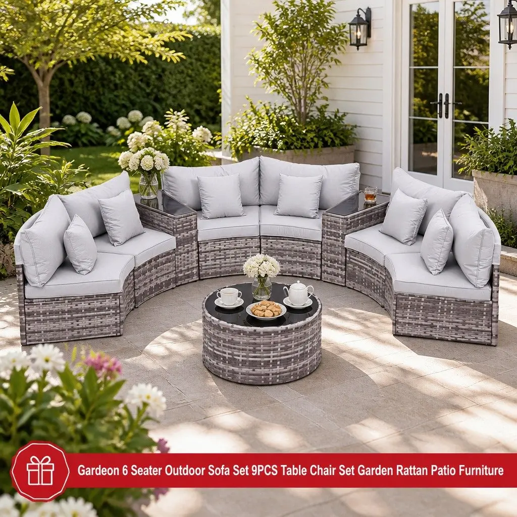 Outdoor Sofa Set PE Rattan 9 Piece Grey Cushion 6 Seater Garden Patio Furniture