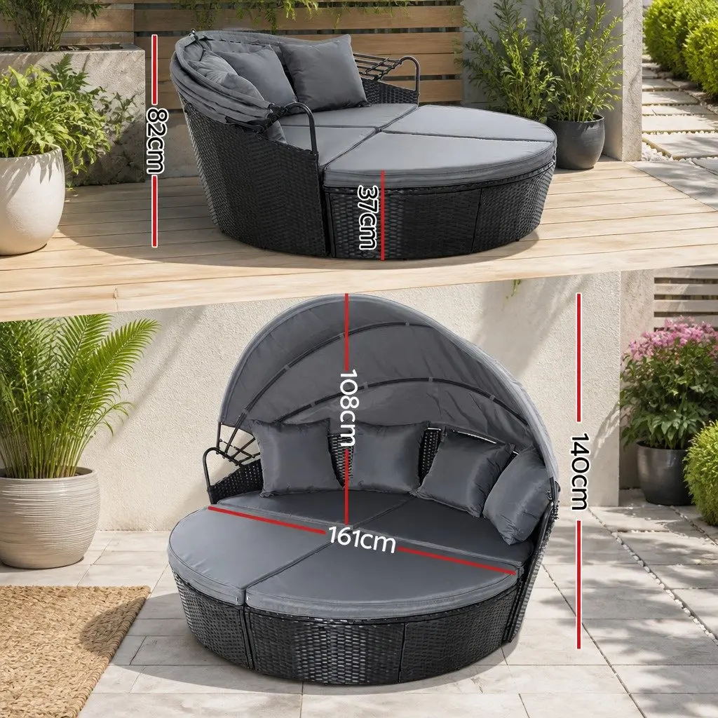 Black Wicker Outdoor Day Bed with Adjustable Canopy