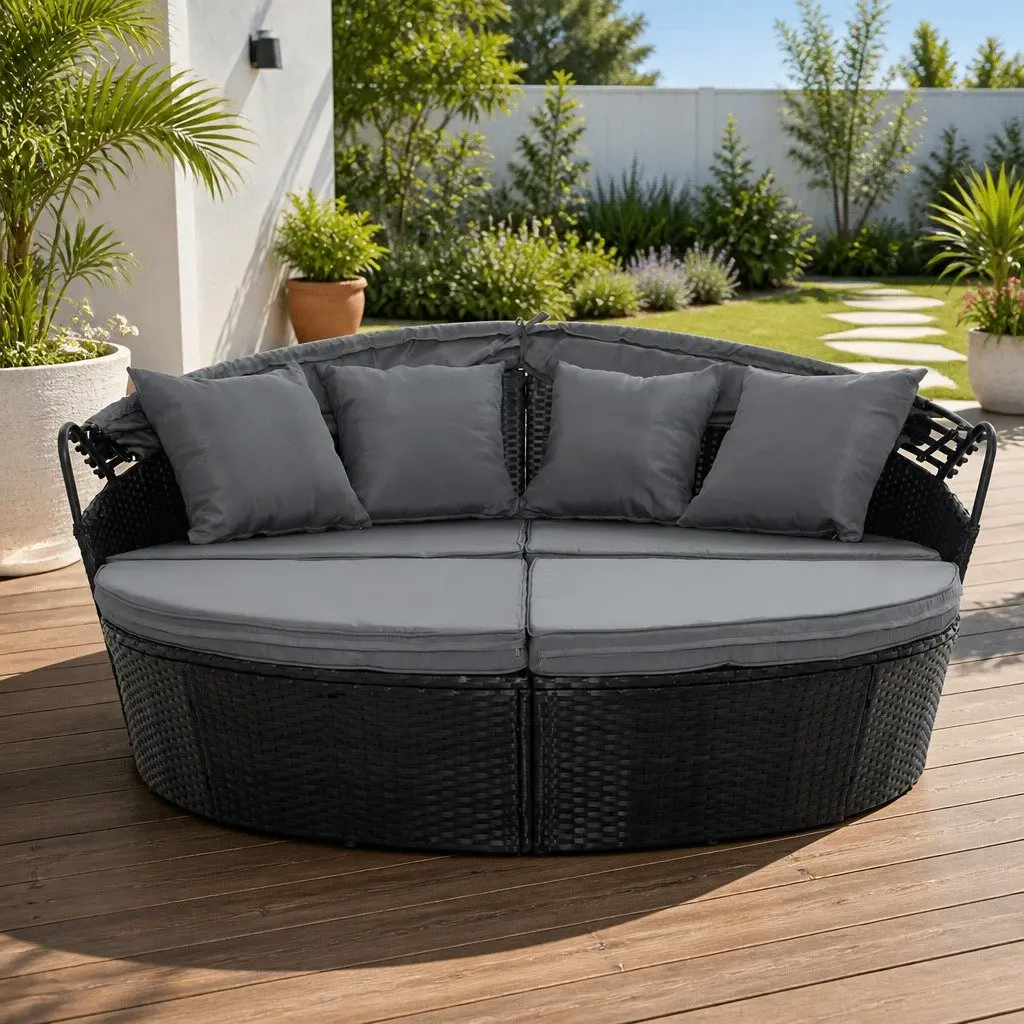 Black Wicker Outdoor Day Bed with Adjustable Canopy