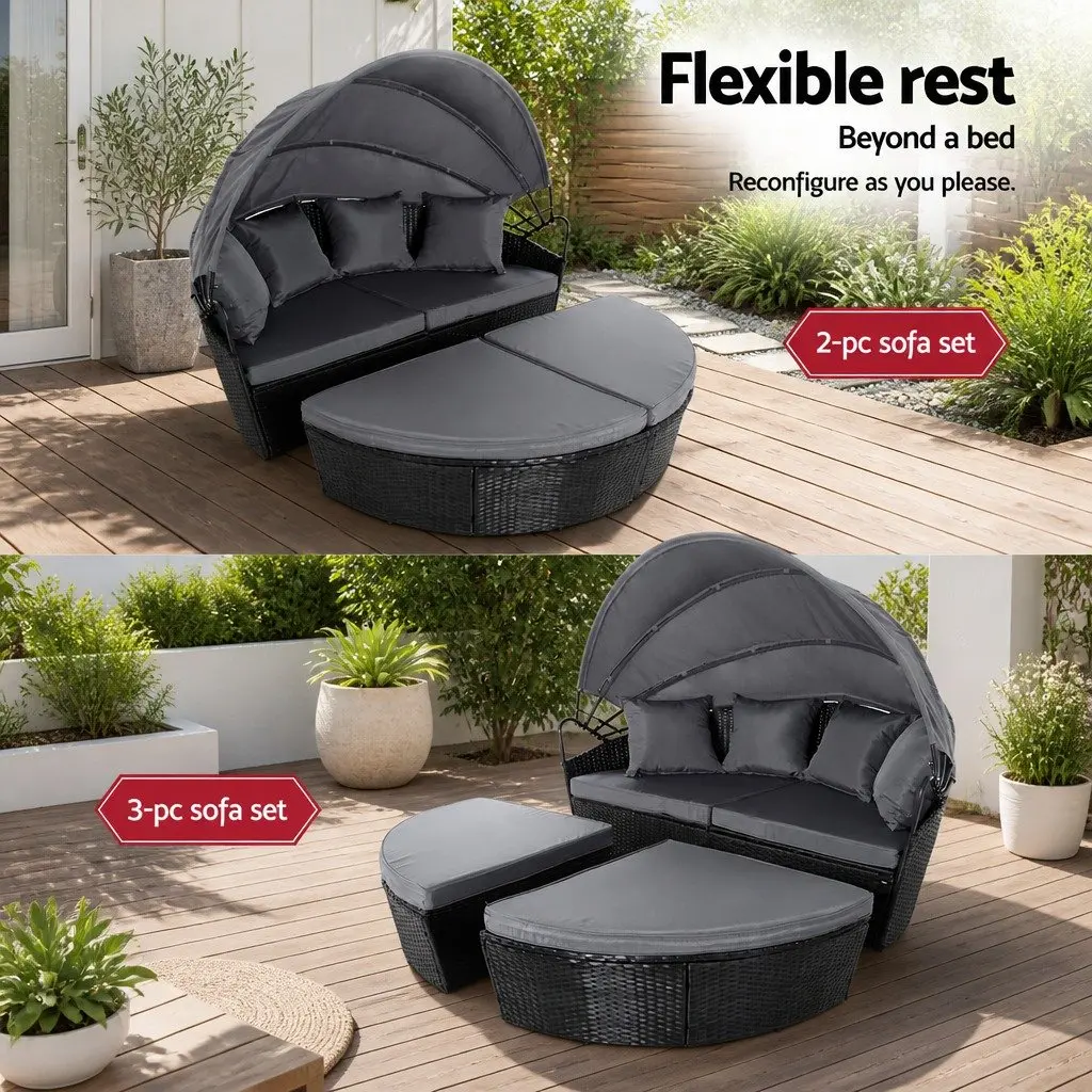 Black Wicker Outdoor Day Bed with Adjustable Canopy