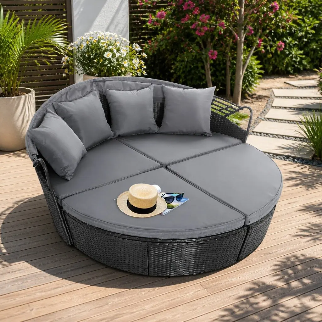 Black Wicker Outdoor Day Bed with Adjustable Canopy