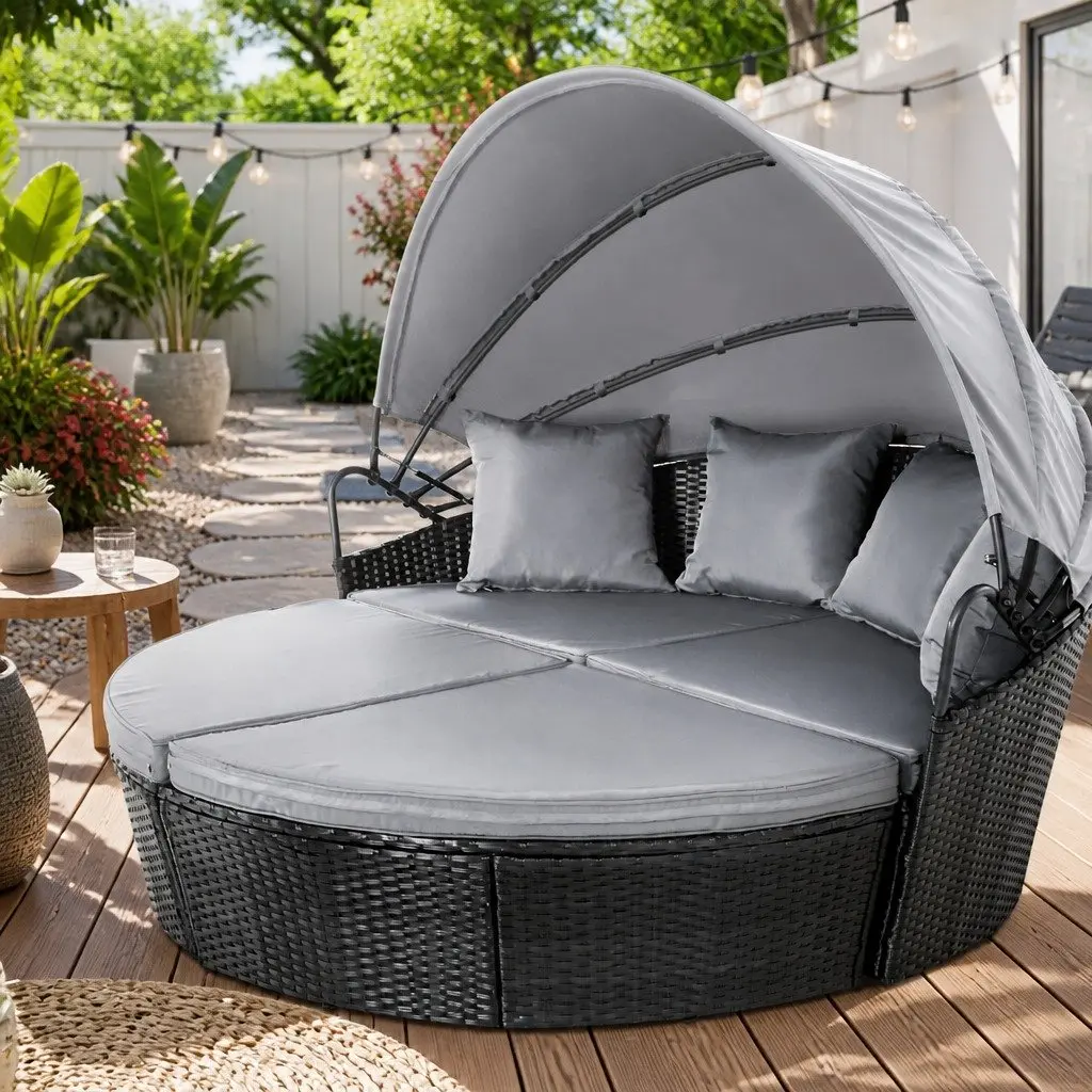 Black Wicker Outdoor Day Bed with Adjustable Canopy