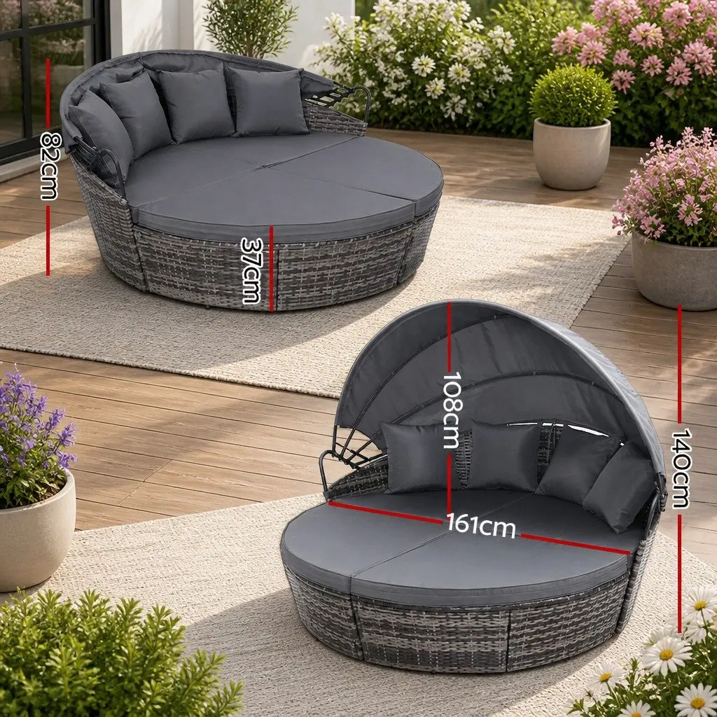 Grey Outdoor Day Bed Sun Lounge with Folding Canopy