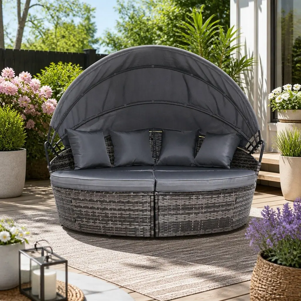 Grey Outdoor Day Bed Sun Lounge with Folding Canopy