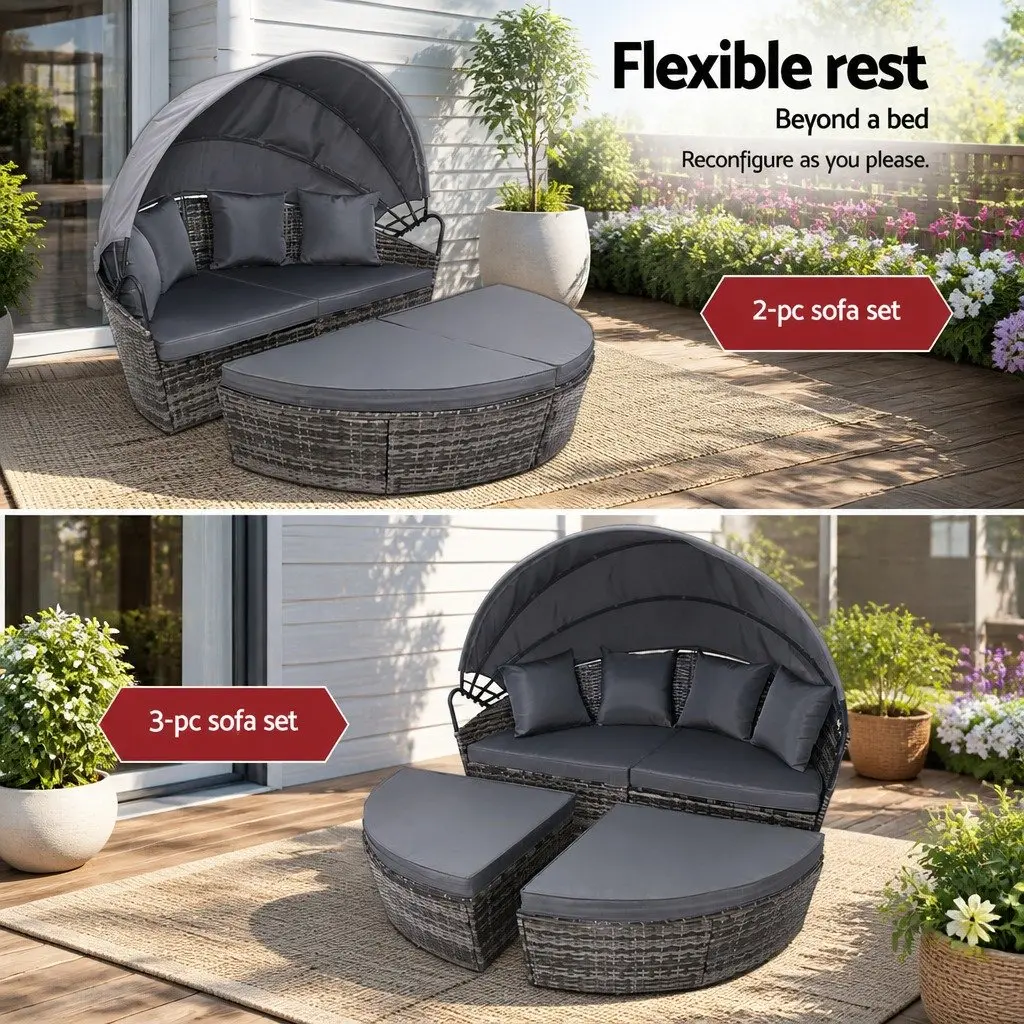 Grey Outdoor Day Bed Sun Lounge with Folding Canopy