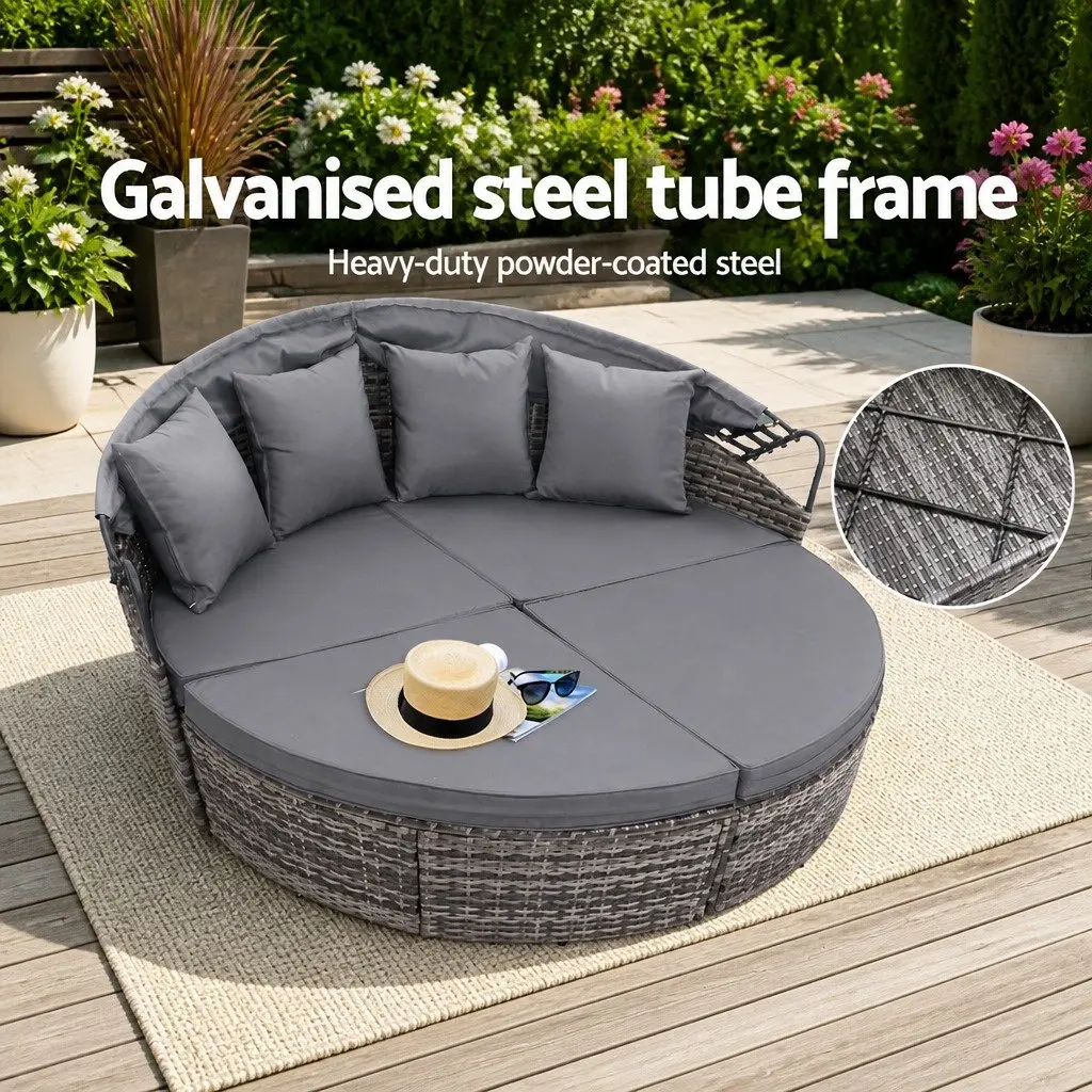 Grey Outdoor Day Bed Sun Lounge with Folding Canopy