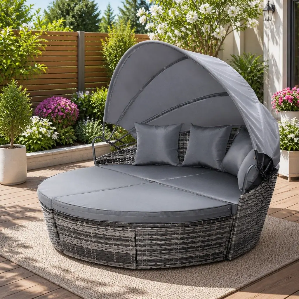 Grey Outdoor Day Bed Sun Lounge with Folding Canopy