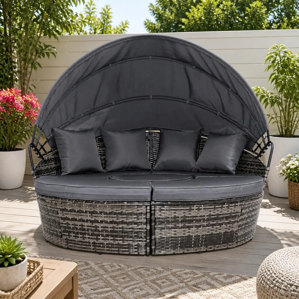 Grey Wicker Outdoor Day Bed Lounge with Canopy