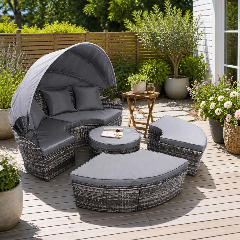 Grey Wicker Outdoor Day Bed Lounge with Canopy