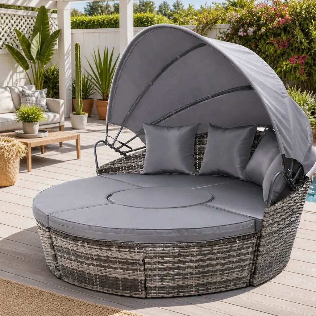 Grey Wicker Outdoor Day Bed Lounge with Canopy