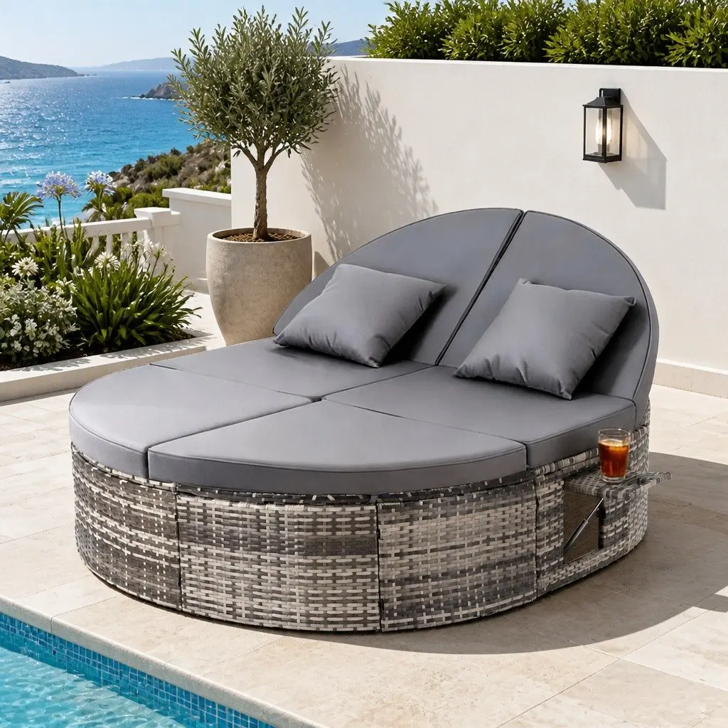 Grey Wicker Lounger Patio Day Bed with Adjustable Backrests