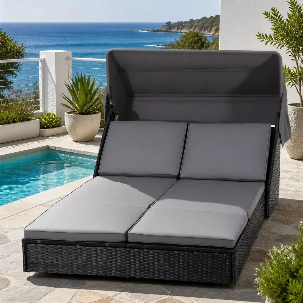 Adjustable Outdoor Day Bed with Durable Wicker Lounger