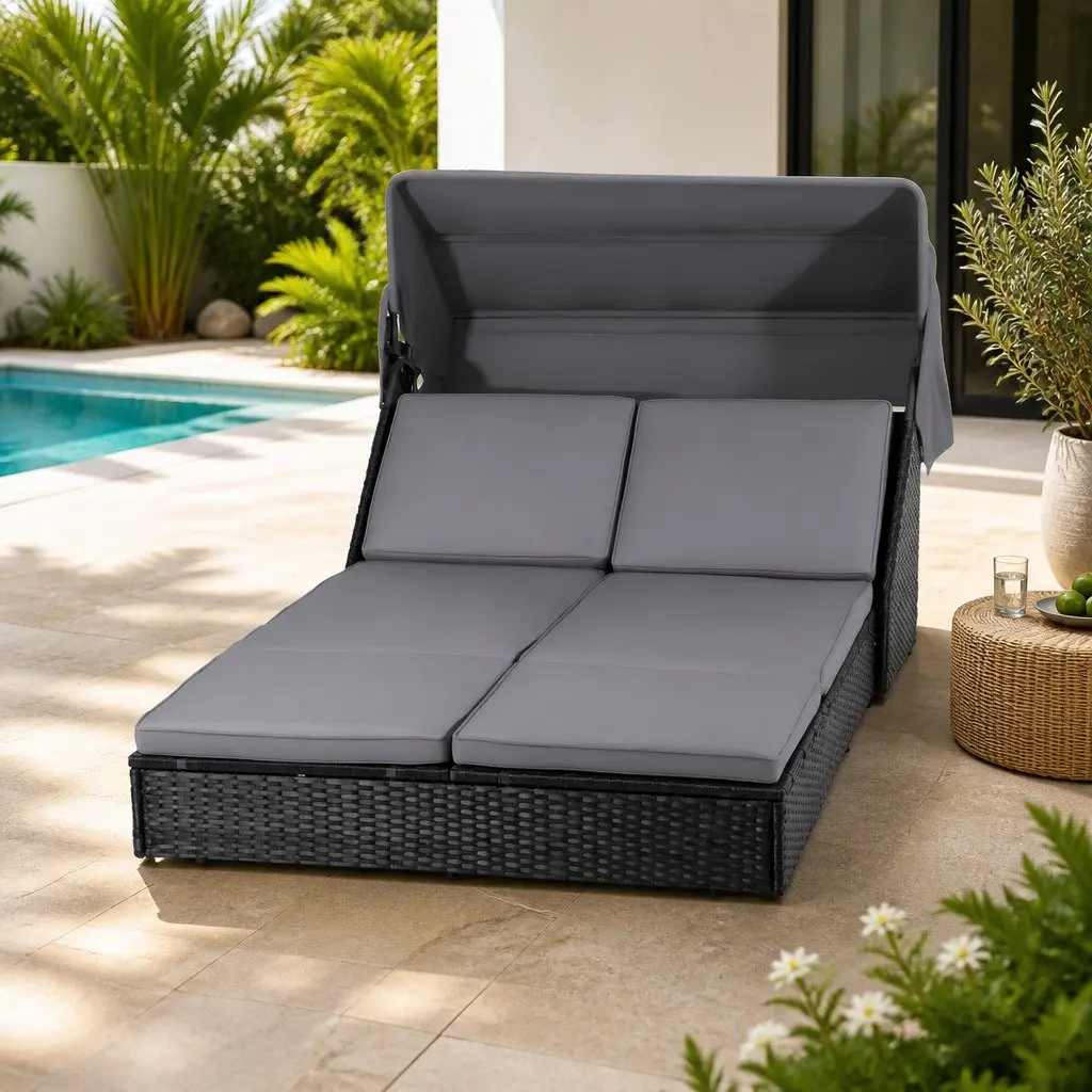 Outdoor Day Bed Steel Frame PE Rattan Adjustable Backrest Black