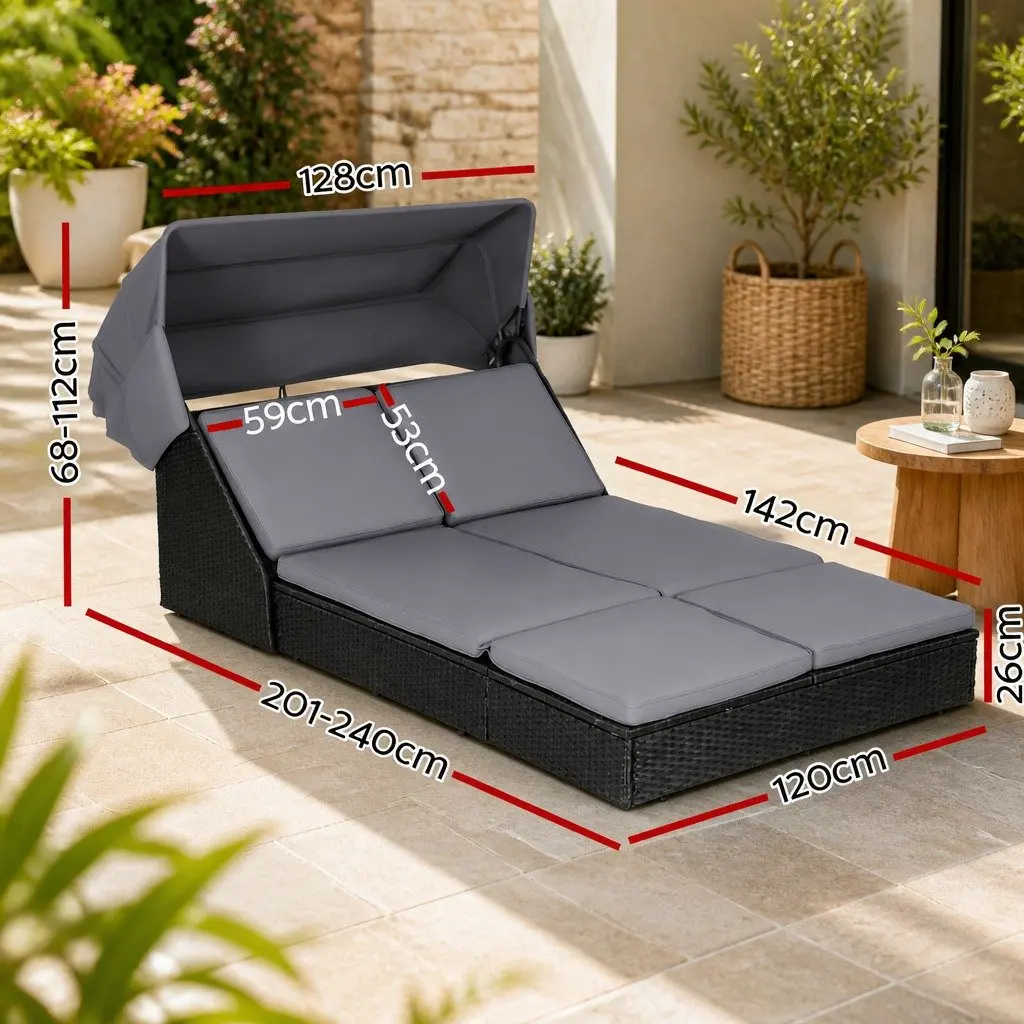Outdoor Day Bed Steel Frame PE Rattan Adjustable Backrest Black