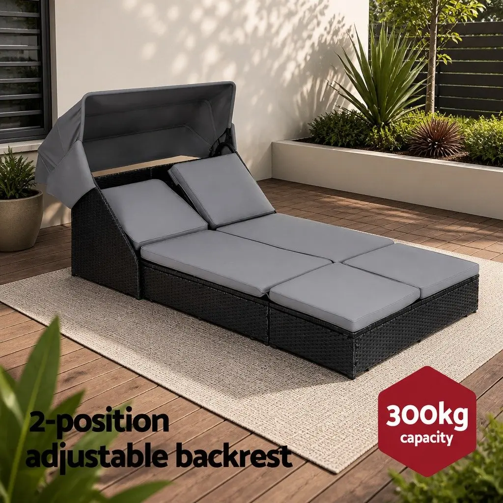 Outdoor Day Bed Steel Frame PE Rattan Adjustable Backrest Black
