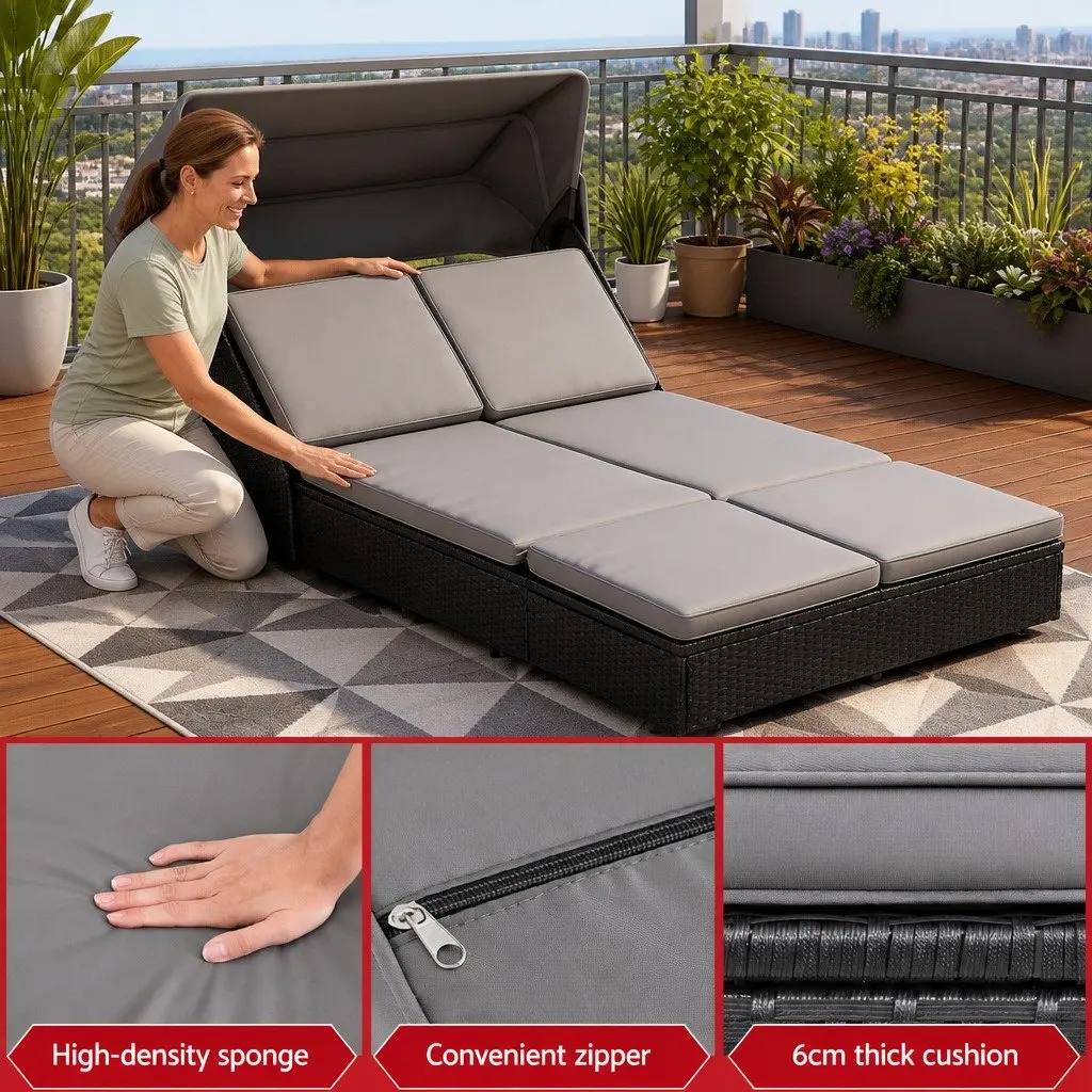 Outdoor Day Bed Steel Frame PE Rattan Adjustable Backrest Black