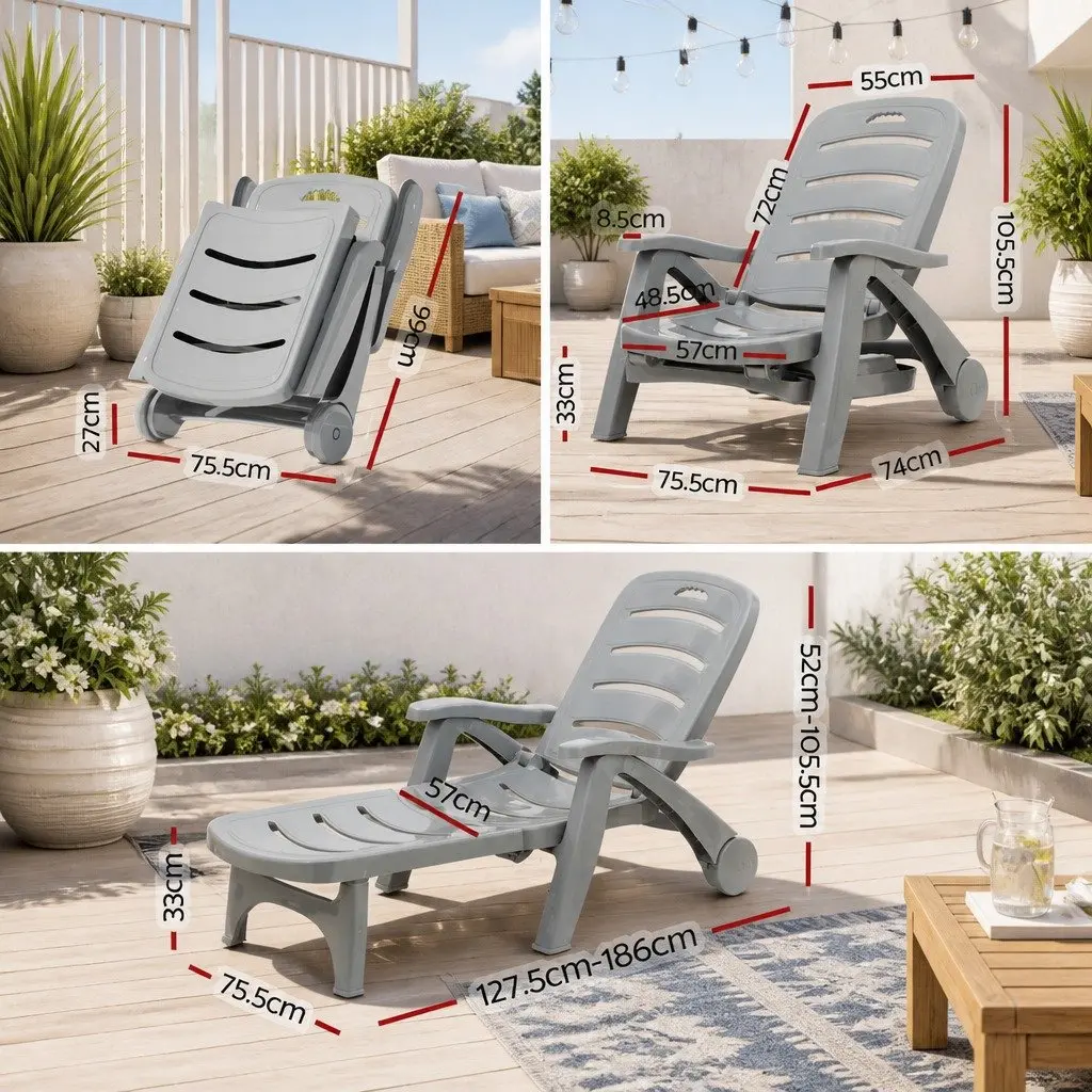 Sun Lounger PP Grey Adjustable Folding Lounge Chair with Wheels 1275 to 186 cm for Outdoor Patio