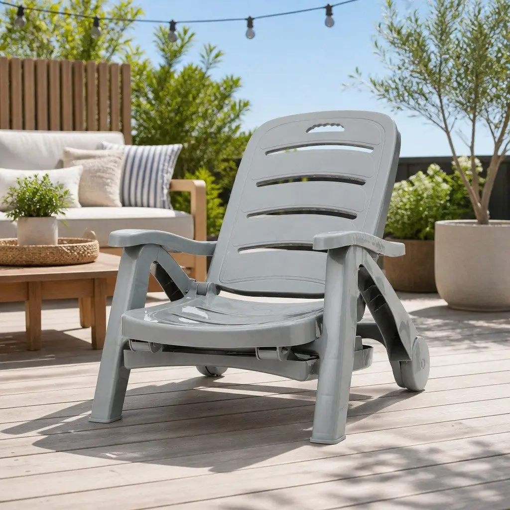 Sun Lounger PP Grey Adjustable Folding Lounge Chair with Wheels 1275 to 186 cm for Outdoor Patio