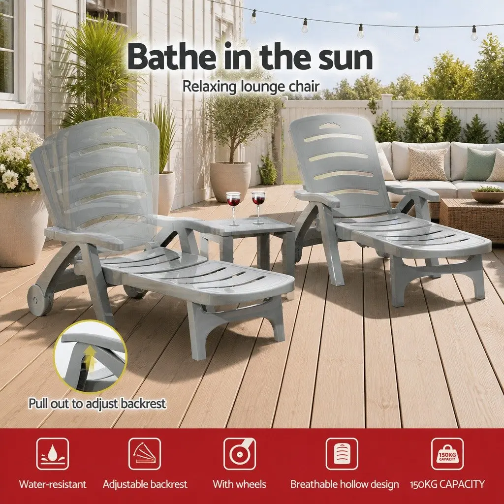 Sun Lounger PP Grey Adjustable Folding Lounge Chair with Wheels 1275 to 186 cm for Outdoor Patio