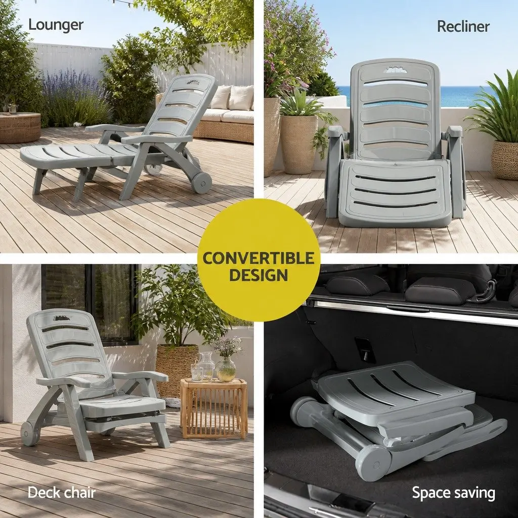 Sun Lounger PP Grey Adjustable Folding Lounge Chair with Wheels 1275 to 186 cm for Outdoor Patio