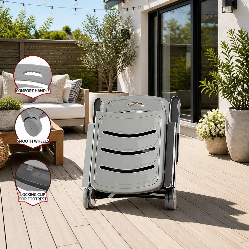 Sun Lounger PP Grey Adjustable Folding Lounge Chair with Wheels 1275 to 186 cm for Outdoor Patio