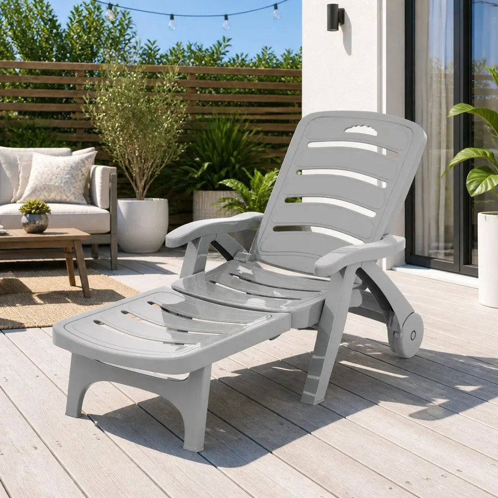 Sun Lounger PP Grey Adjustable Folding Lounge Chair with Wheels 1275 to 186 cm for Outdoor Patio