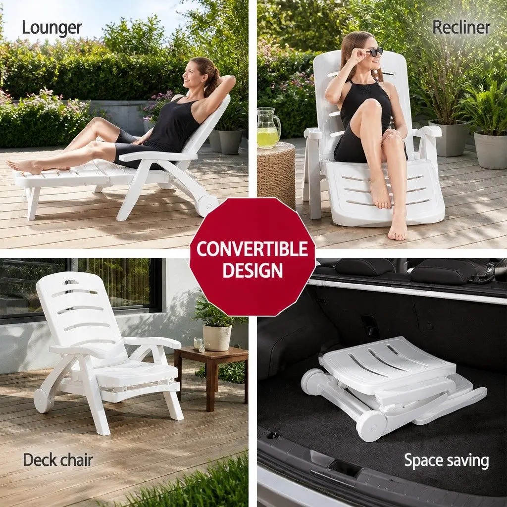 Sun Lounger PP Adjustable Folding Chaise Chair 5-Position White