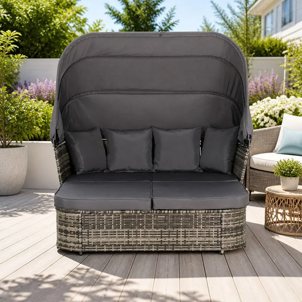 Outdoor Day Bed Grey Wicker Modular Sofa with Canopy and Cushions