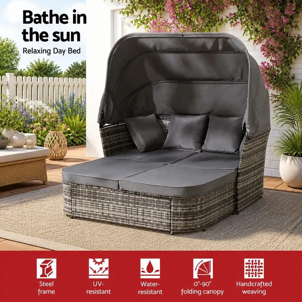 Outdoor Day Bed Grey Wicker Modular Sofa with Canopy and Cushions