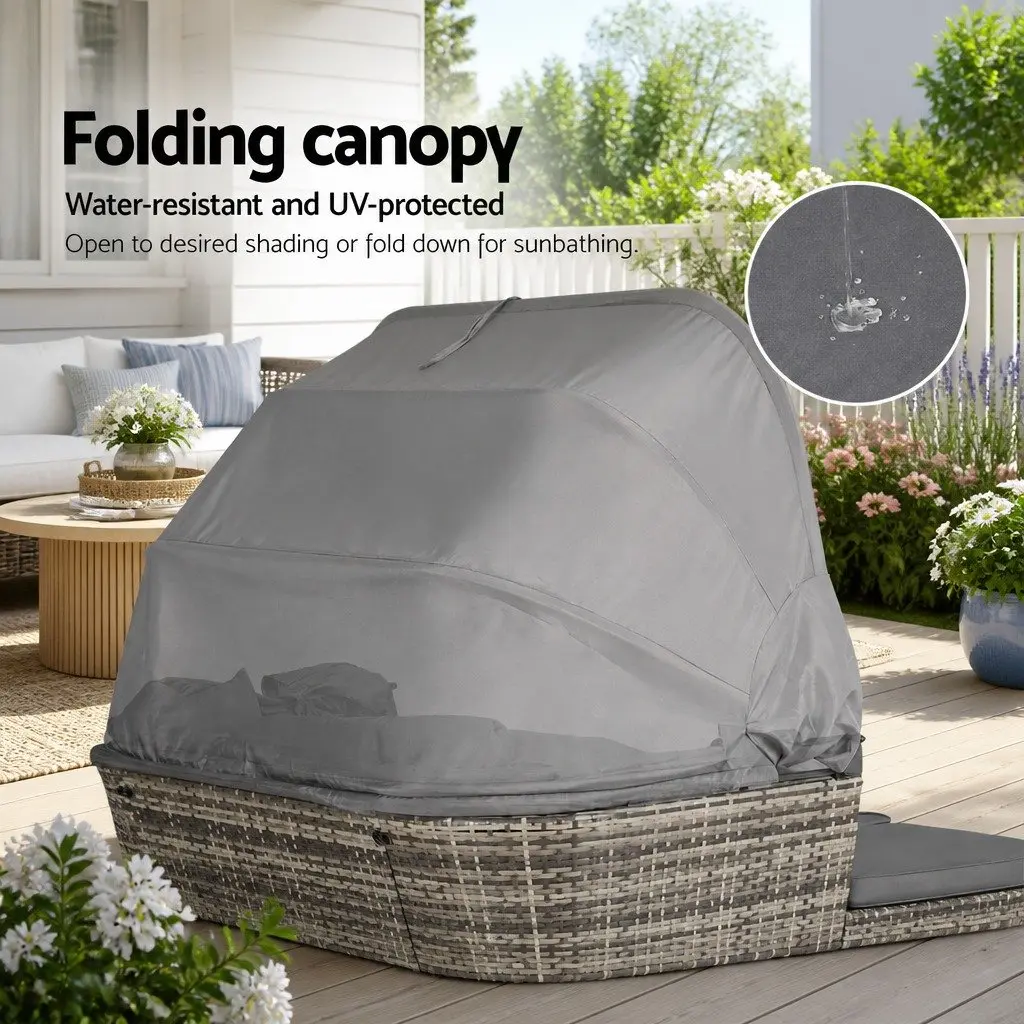Outdoor Day Bed Grey Wicker Modular Sofa with Canopy and Cushions