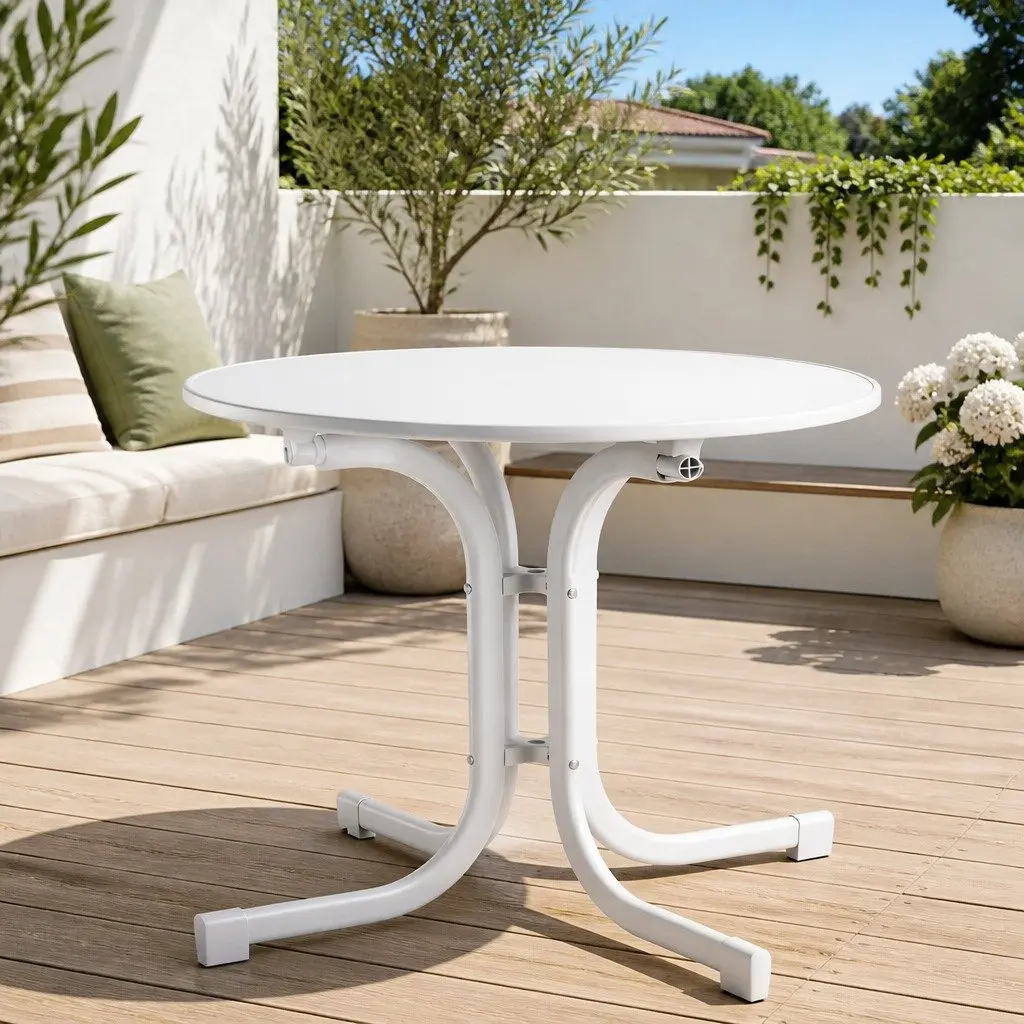 Folding Round Table Stainless Steel 80cm White Outdoor Patio Cafe Dining Desk