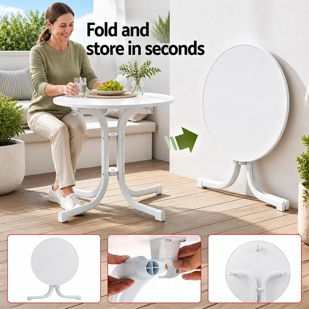 Folding Round Table Stainless Steel 80cm White Outdoor Patio Cafe Dining Desk