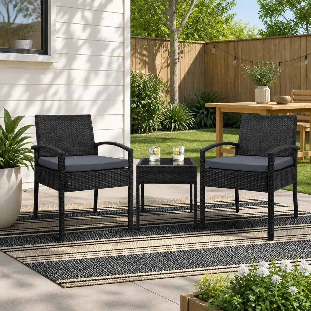 3-Piece Wicker Bistro Lounge Set with Glass Table in Black