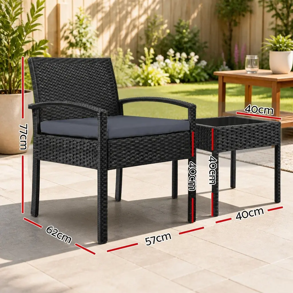 3-Piece Wicker Bistro Lounge Set with Glass Table in Black