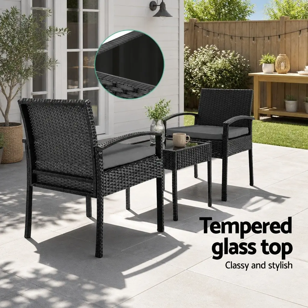 3-Piece Wicker Bistro Lounge Set with Glass Table in Black