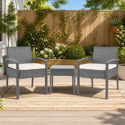 Durable 3PC Patio Lounge Set with Wicker Chairs and Table