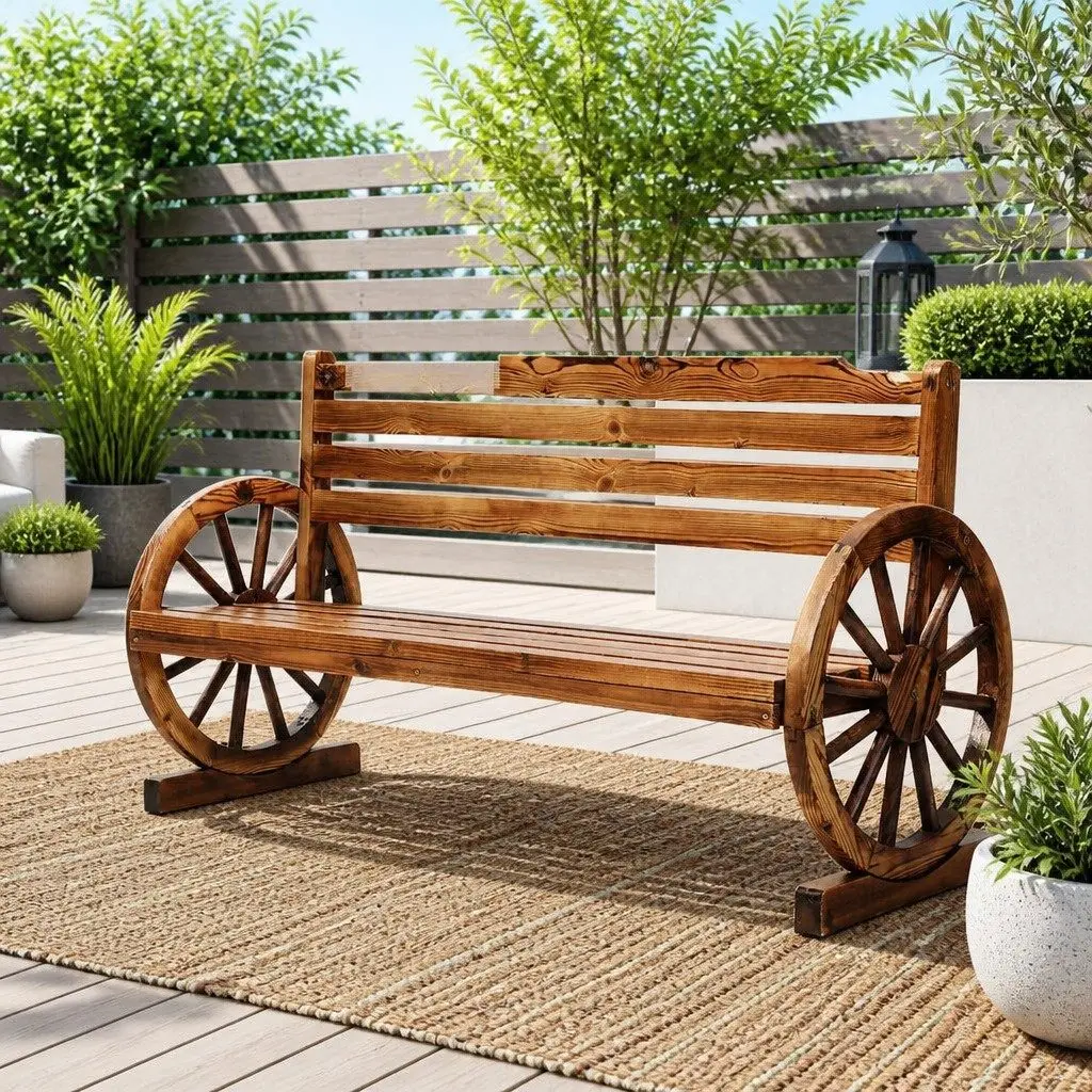 3-Seater Outdoor Wooden Garden Bench with Wagon Wheels