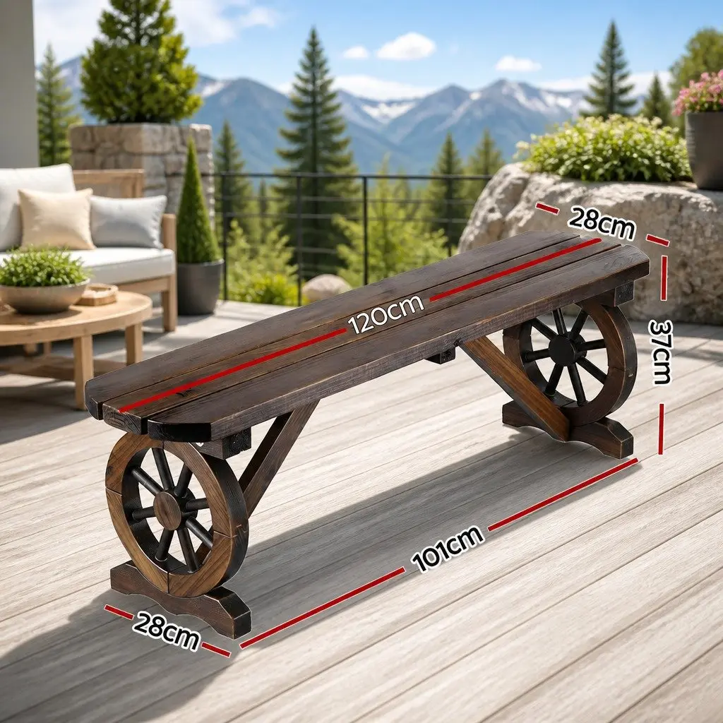 Outdoor Garden Bench Seat Rustic Wagon Wheels Design Patio Furniture 2-Seater