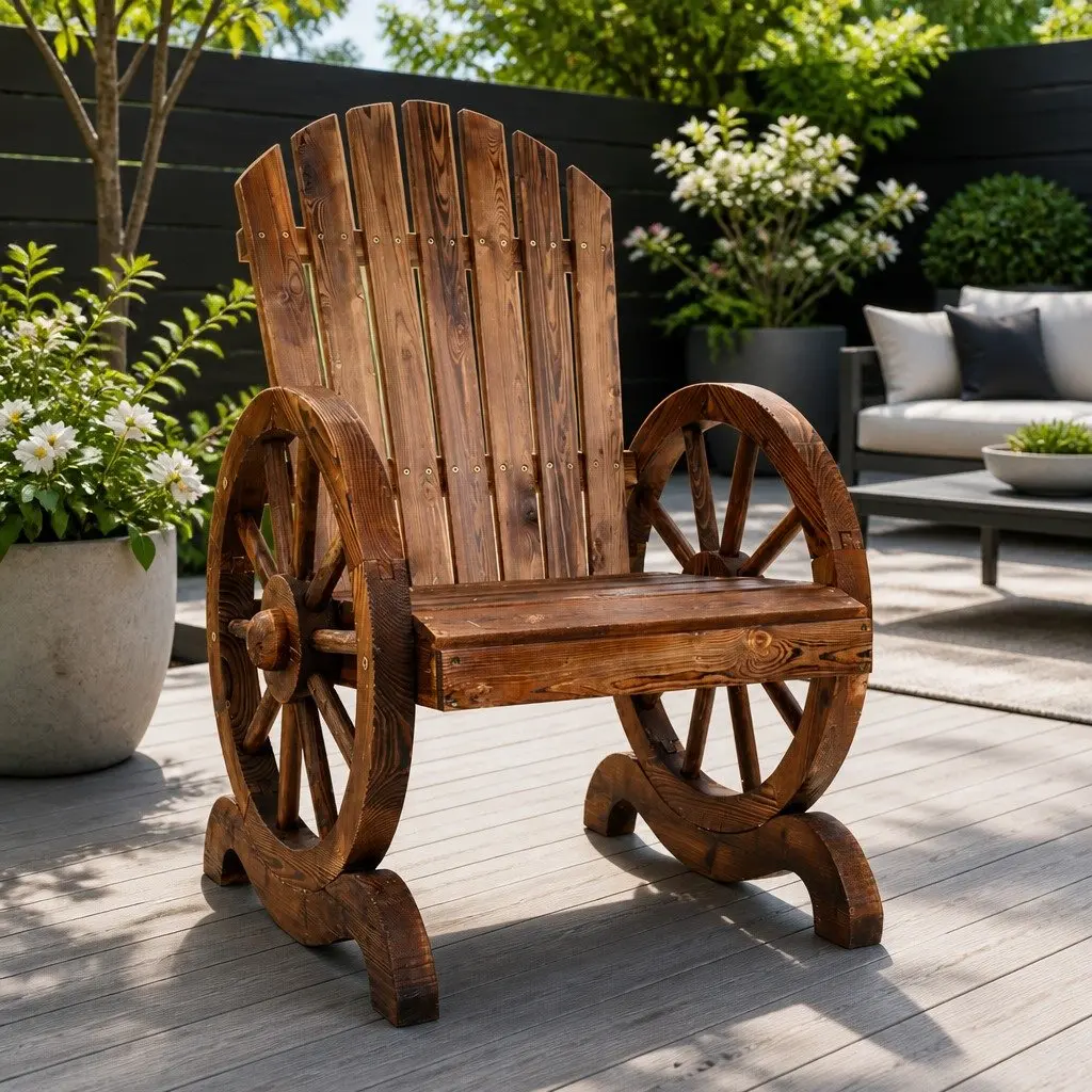 Wooden Wagon Chair Outdoor Garden Seat Brown Rustic Backrest Armrests Patio