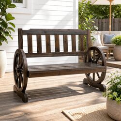Rustic 2-Seater Wooden Garden Bench with Wagon-Wheel Armrests