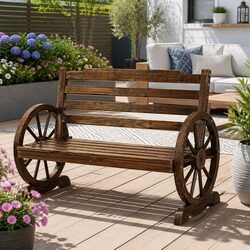 Rustic Wooden 2-Seater Garden Bench with Wagon-Wheel Arms
