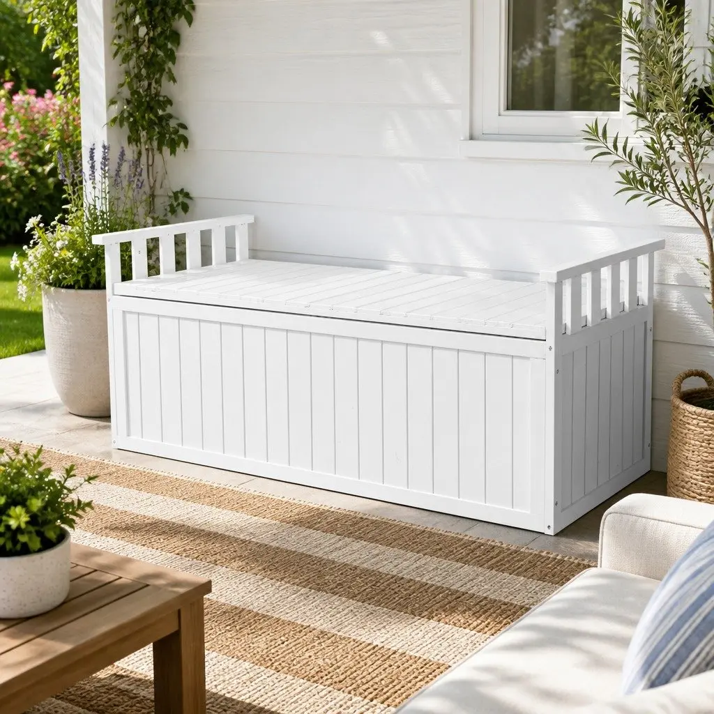 Wooden Outdoor Storage Bench Box 129cm White XL
