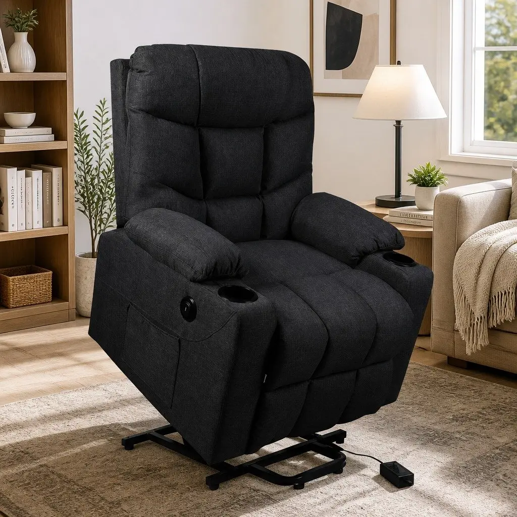 Electric Lift Recliner Chair Microfibre Wide Seat Adjustable Backrest Black