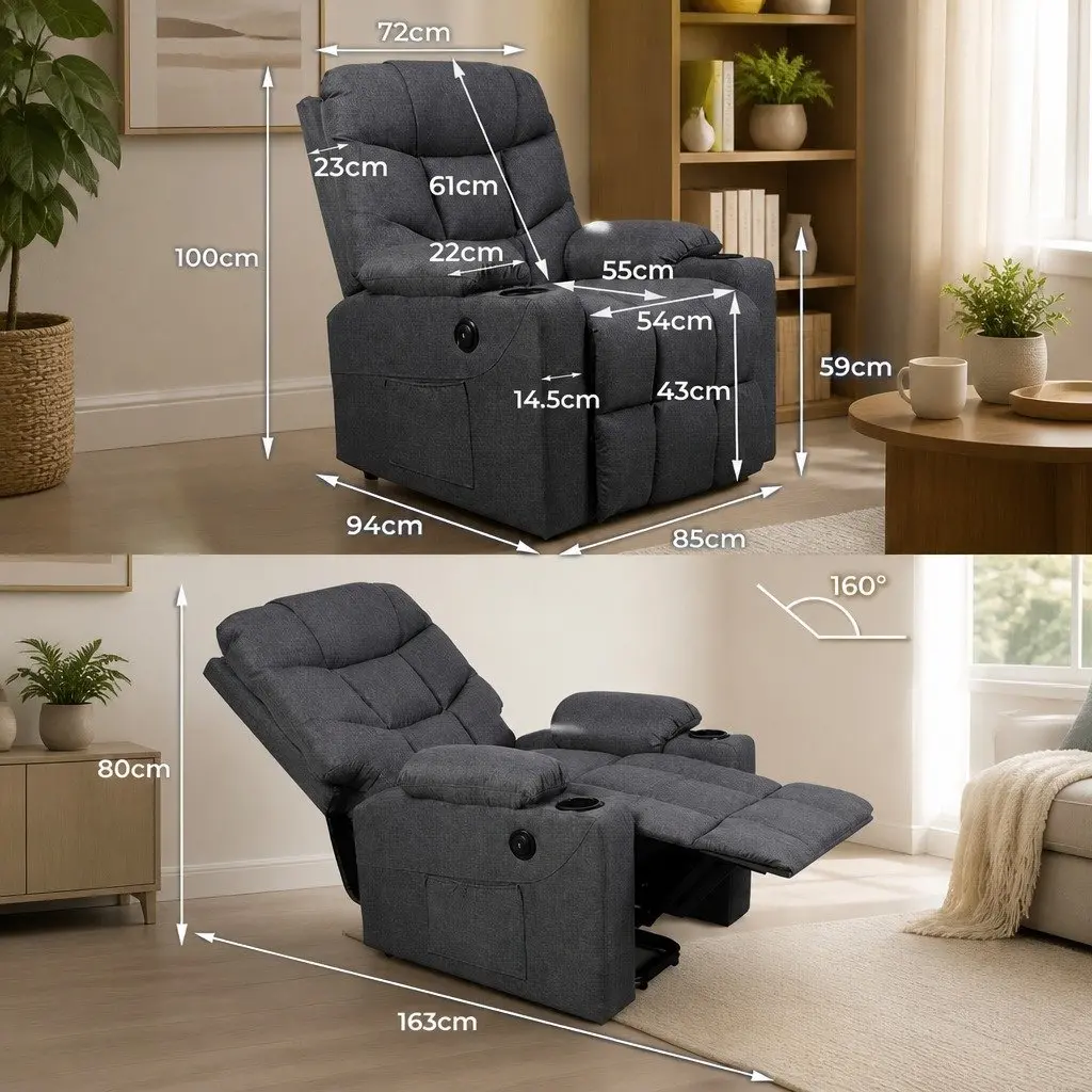 Electric Lift Recliner Chair Microfibre Grey Adjustable Size
