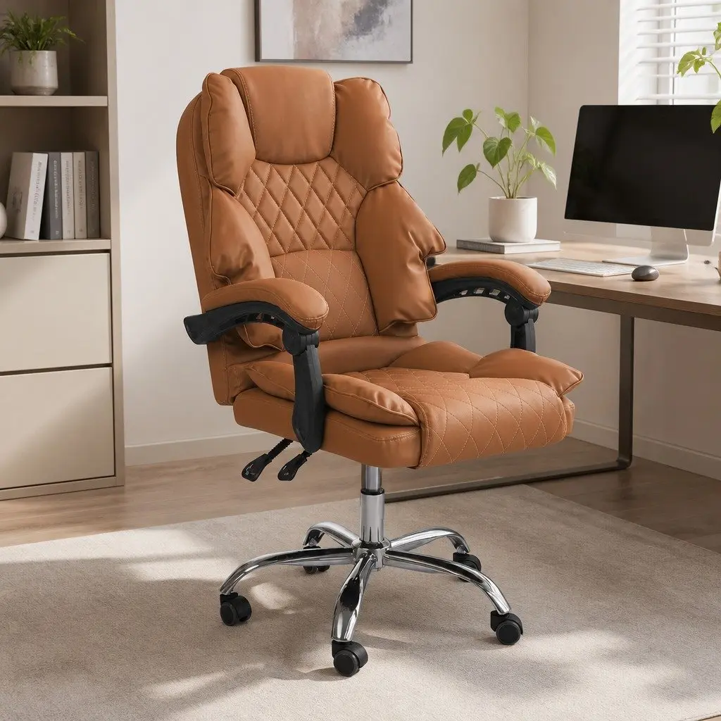 Gaming Chair Office Computer Chair Brown PU Leather Reclining No Footrest