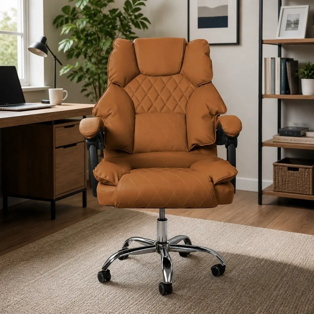 Gaming Chair Office Computer Chair Brown PU Leather Reclining No Footrest