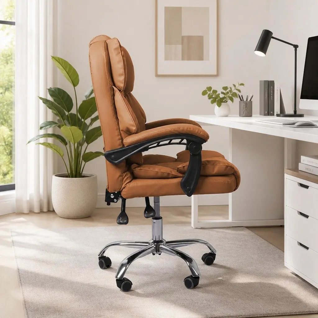 Gaming Chair Office Computer Chair Brown PU Leather Reclining No Footrest
